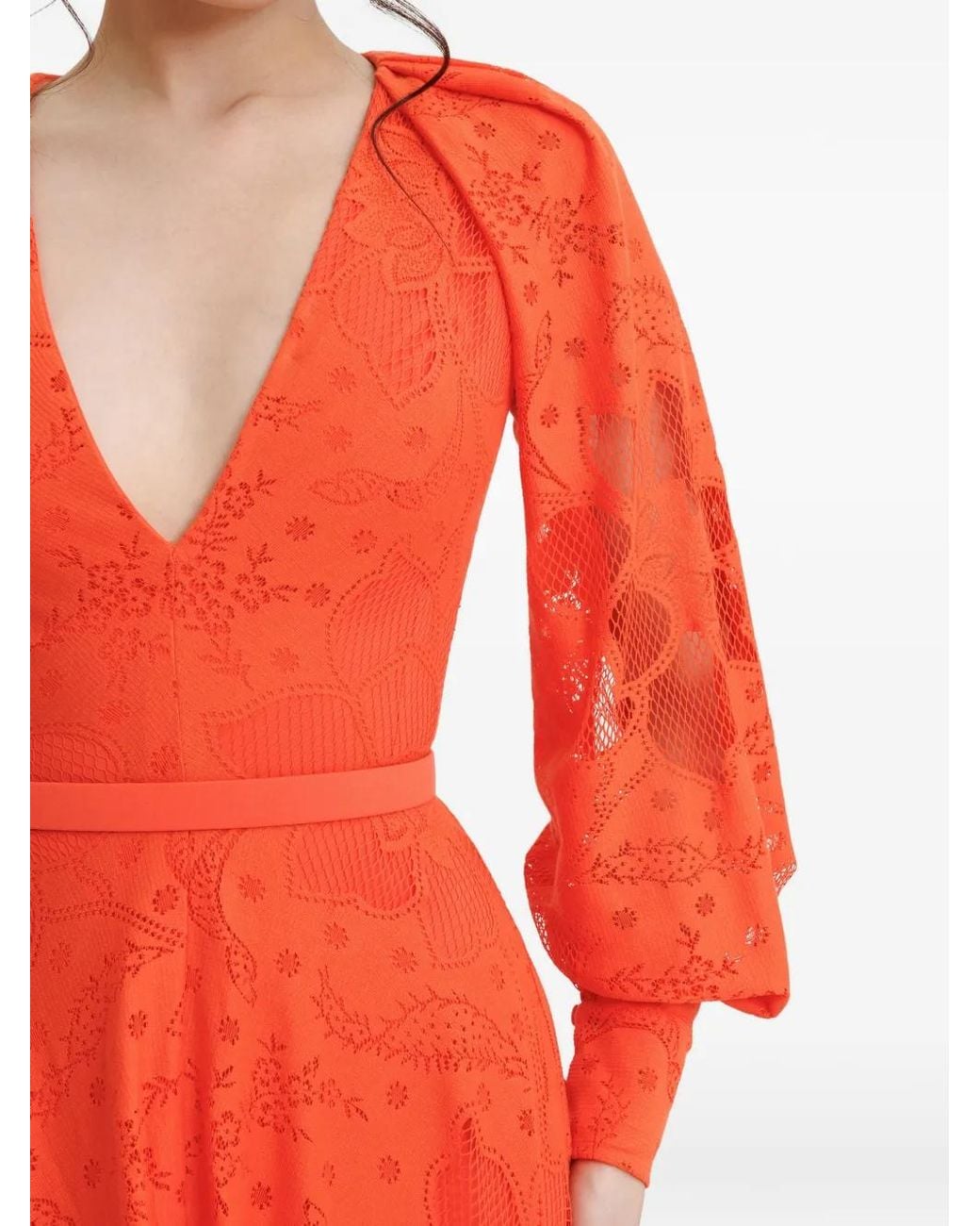 Gemy Maalouf Orange Bishop-Sleeves Draped Midi Dress