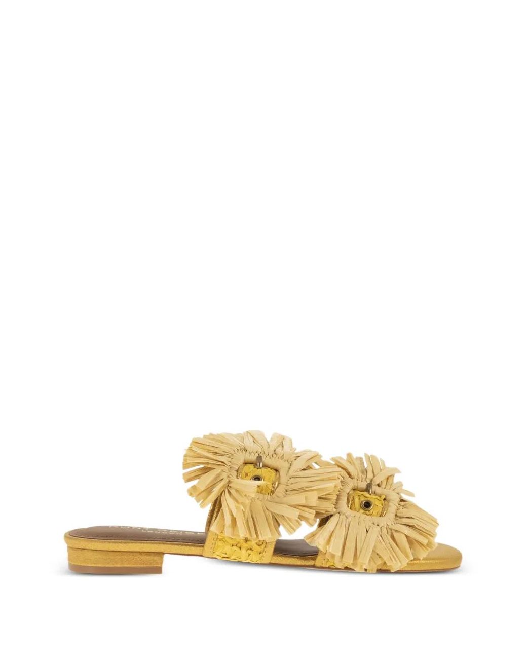 Kurt Geiger Metallic Raffia-Fringe Floral-Embellished Sandals