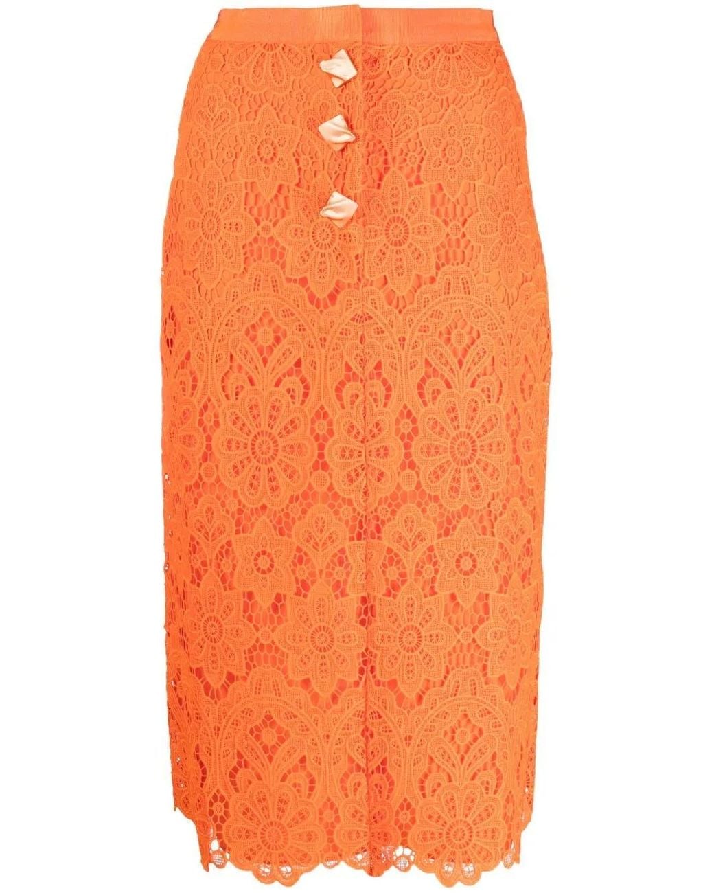 Self-Portrait Orange Lace Pencil Skirt