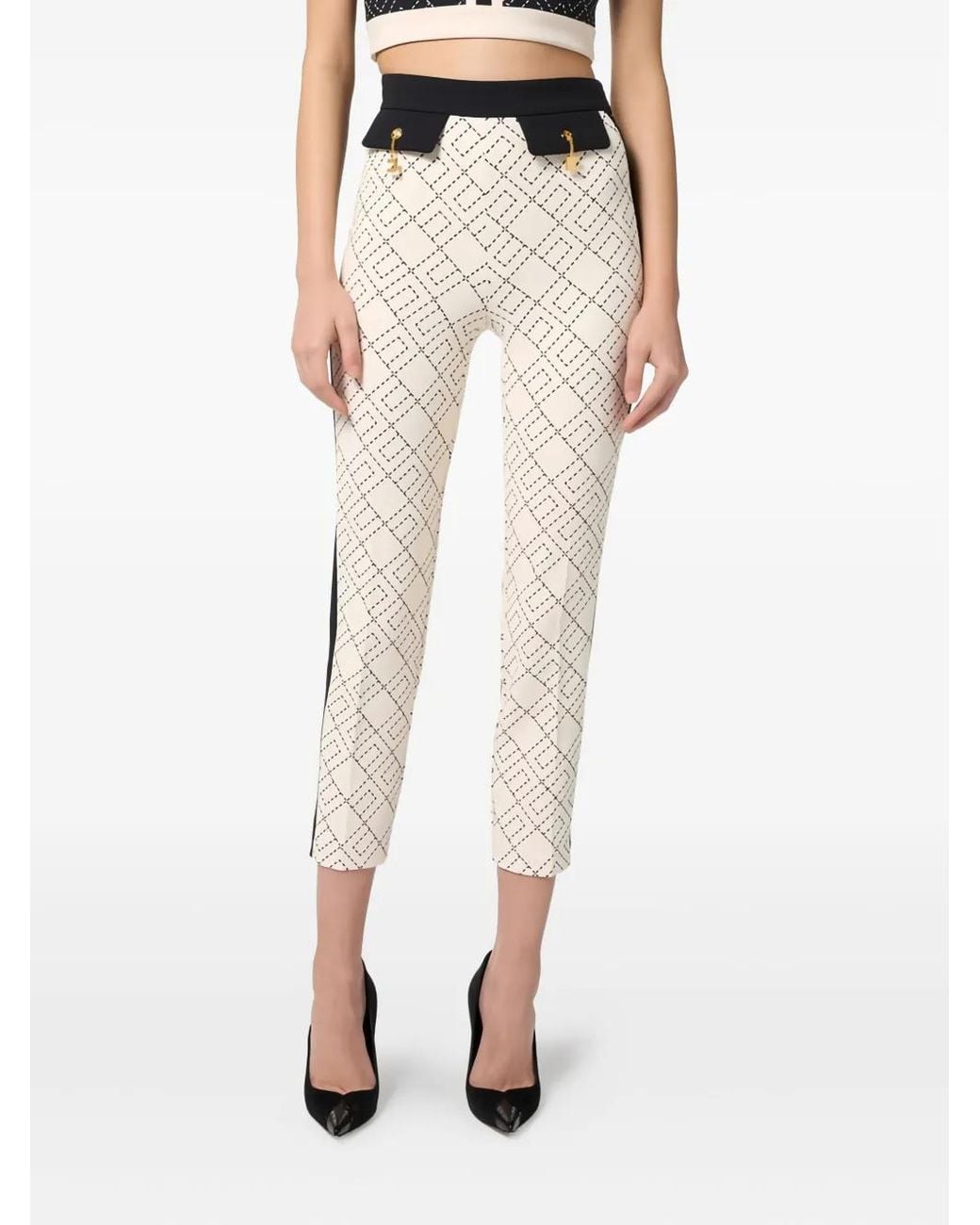 Elisabetta Franchi White Logo-Print Two-Colour Trousers
