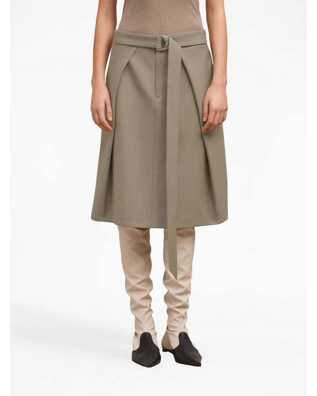 AMI Natural Belted Wool Midi Skirt