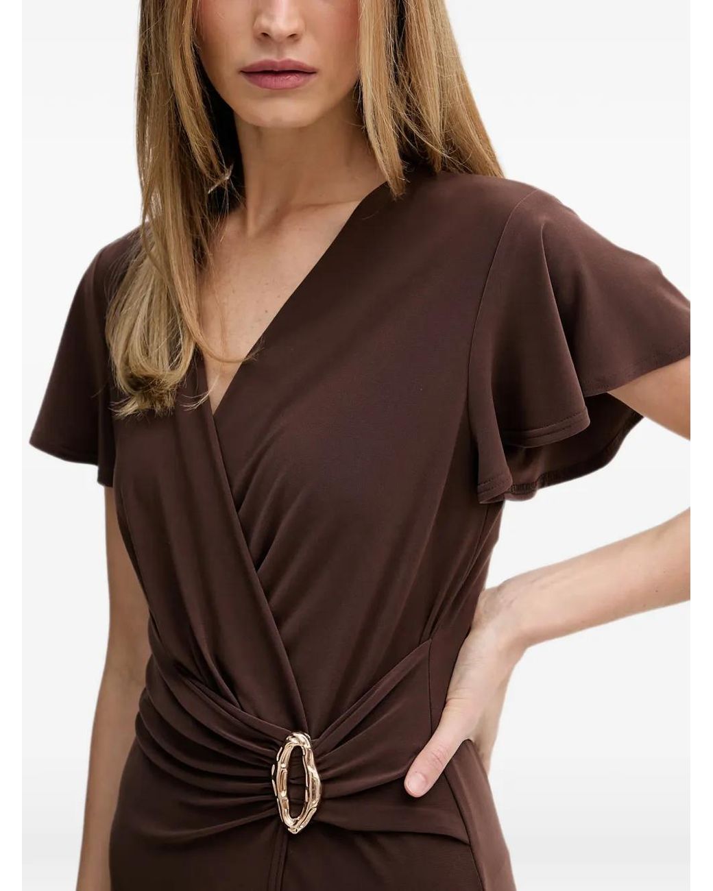 Joseph Ribkoff Brown Buckle-Detail Wrap-Style Midi Dress