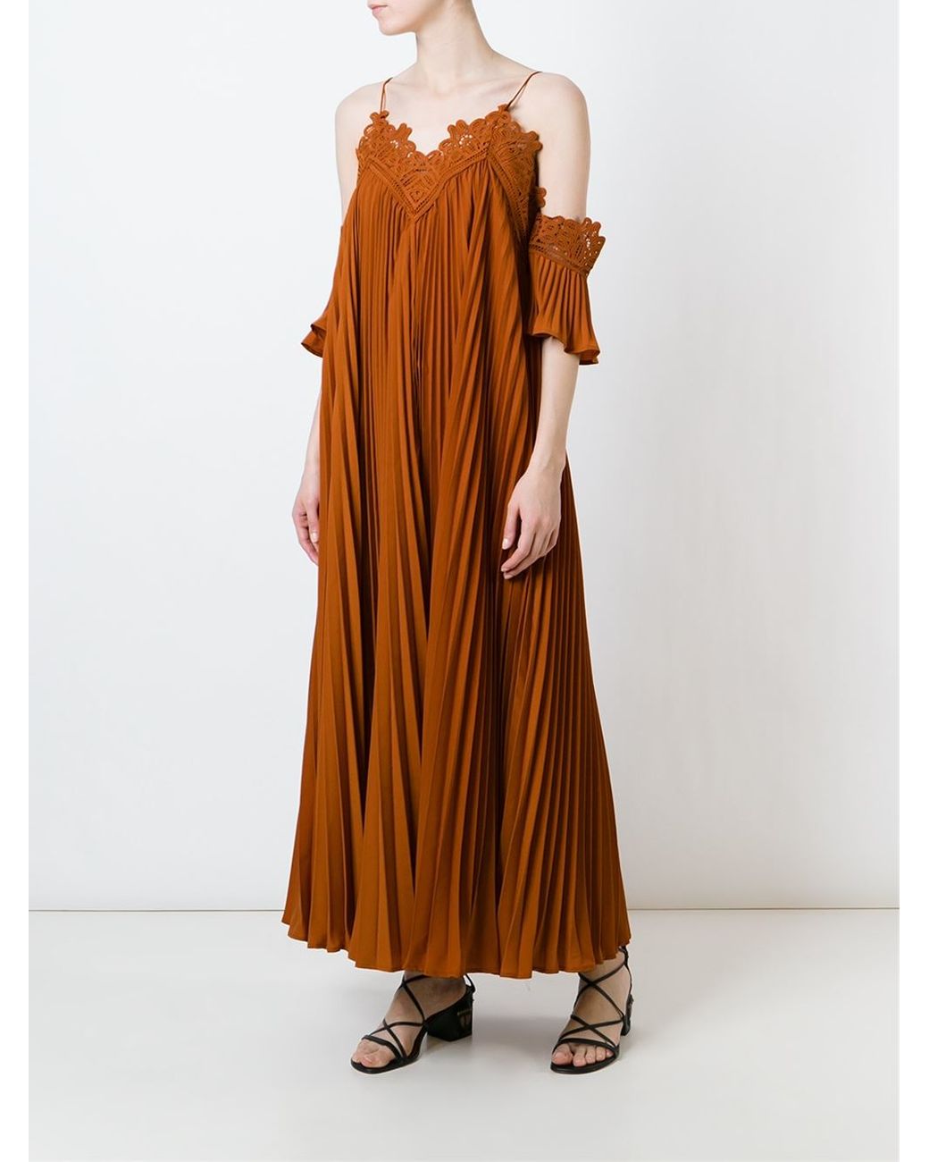 self portrait orange off shoulder pleated chiffon dress Self-Portrait Pleated Off-The-Shoulder Crepe and Chiffon-Blend Maxi Dress  in Orange