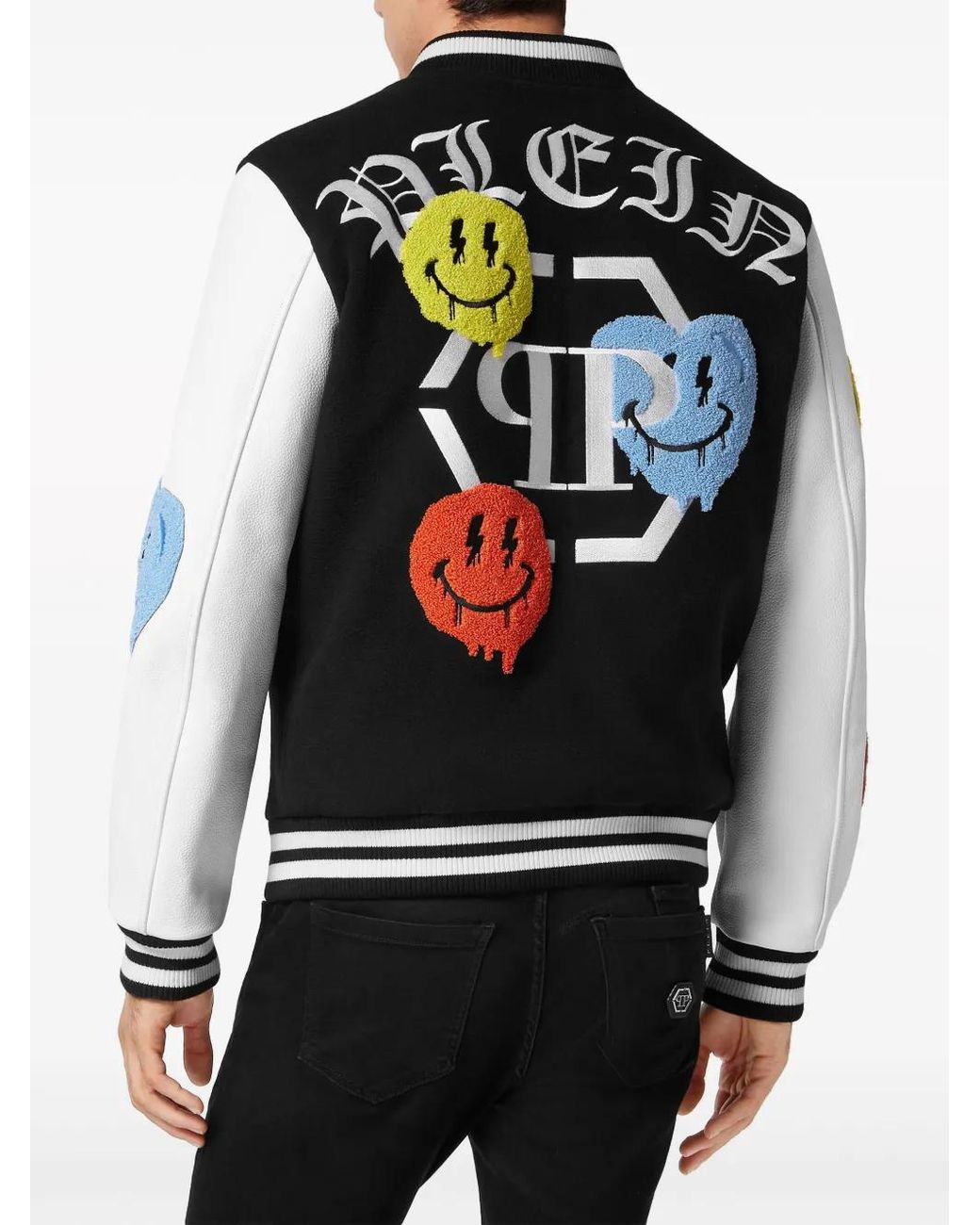 Philipp Plein Black Smile-Appliqué Varsity Jacket for men