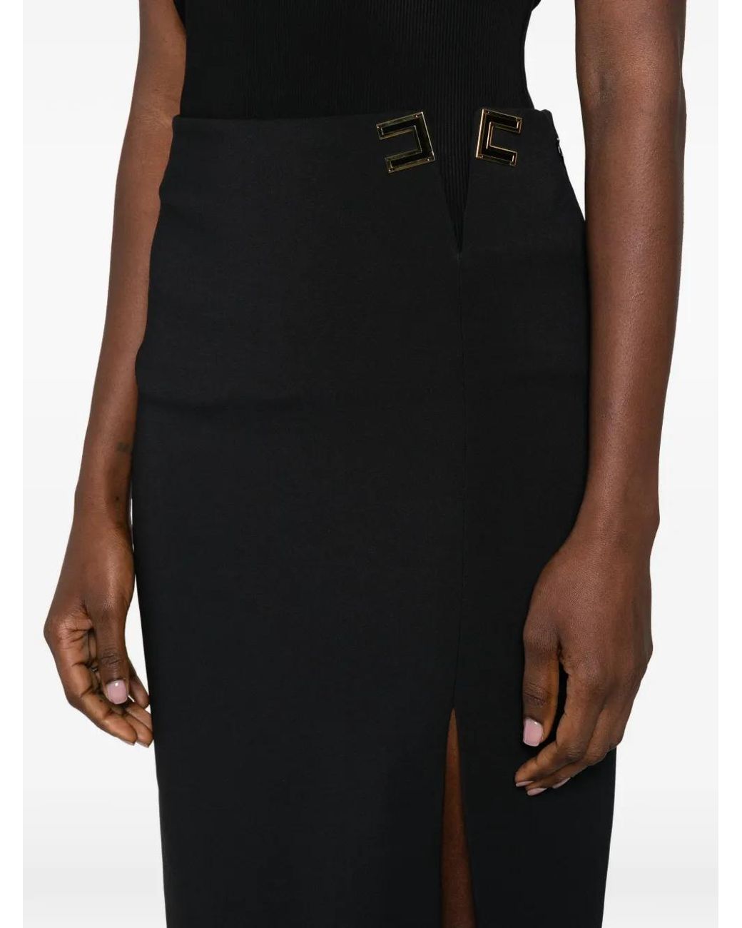 Elisabetta Franchi Black Double Stretch Crepe Skirt With Logo Details