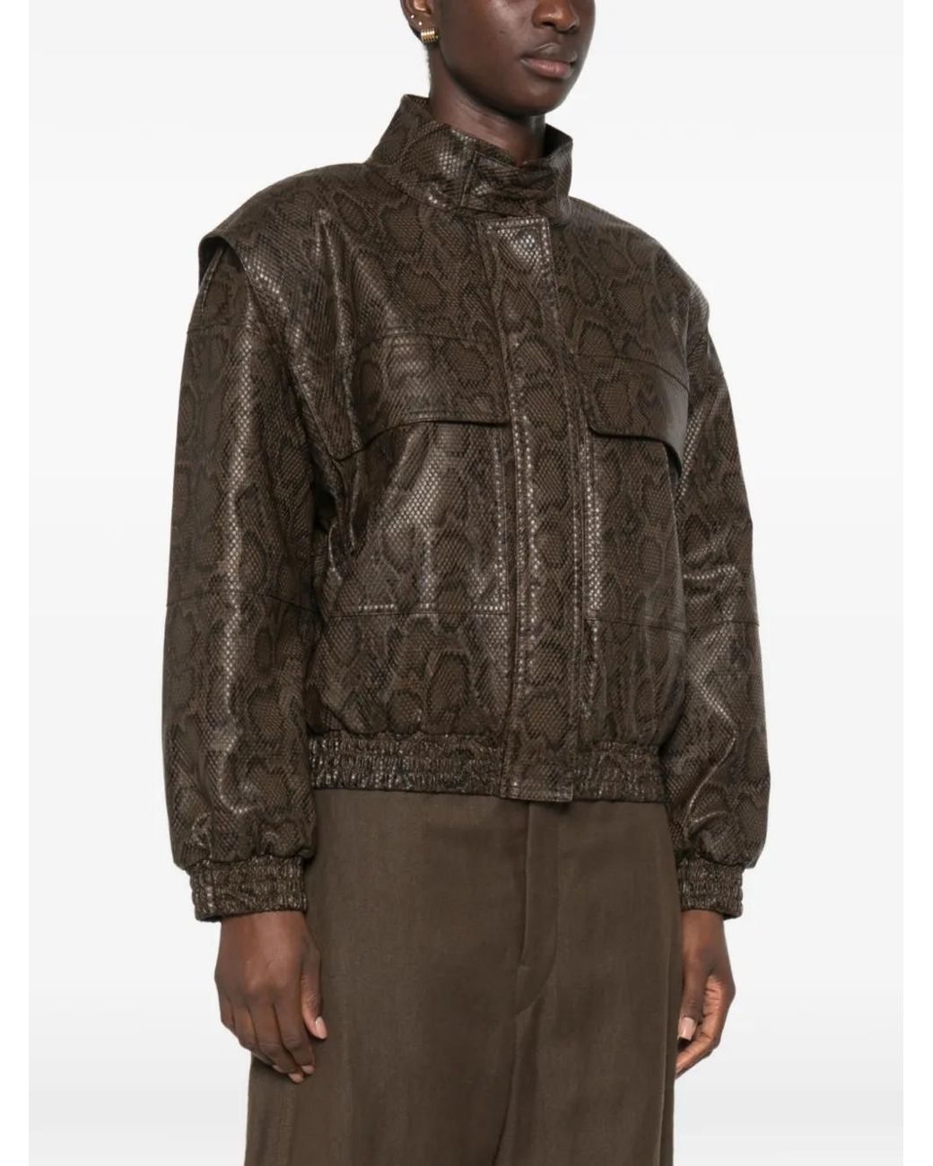 Twinset Brown Faux Python Print Leather Bomber Jacket