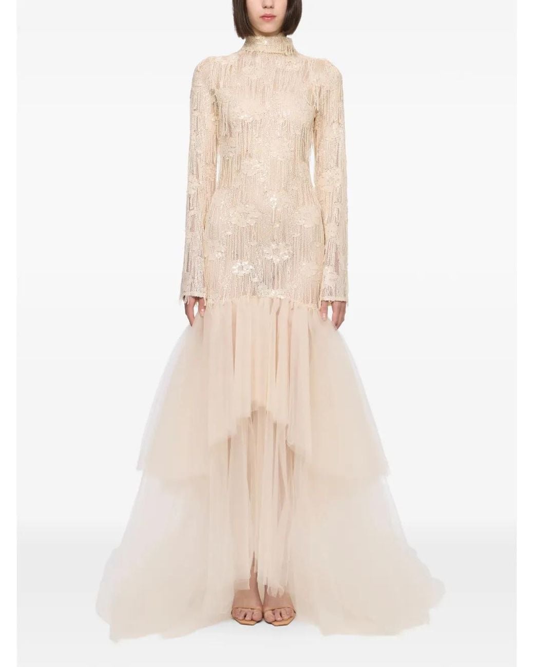 Atu Body Couture Natural Sequin-Embellished Tulle-Skirt Dress