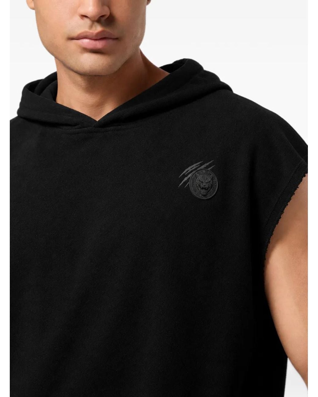 Philipp Plein Black Raw-Edge Sleeveless Hoodie for men