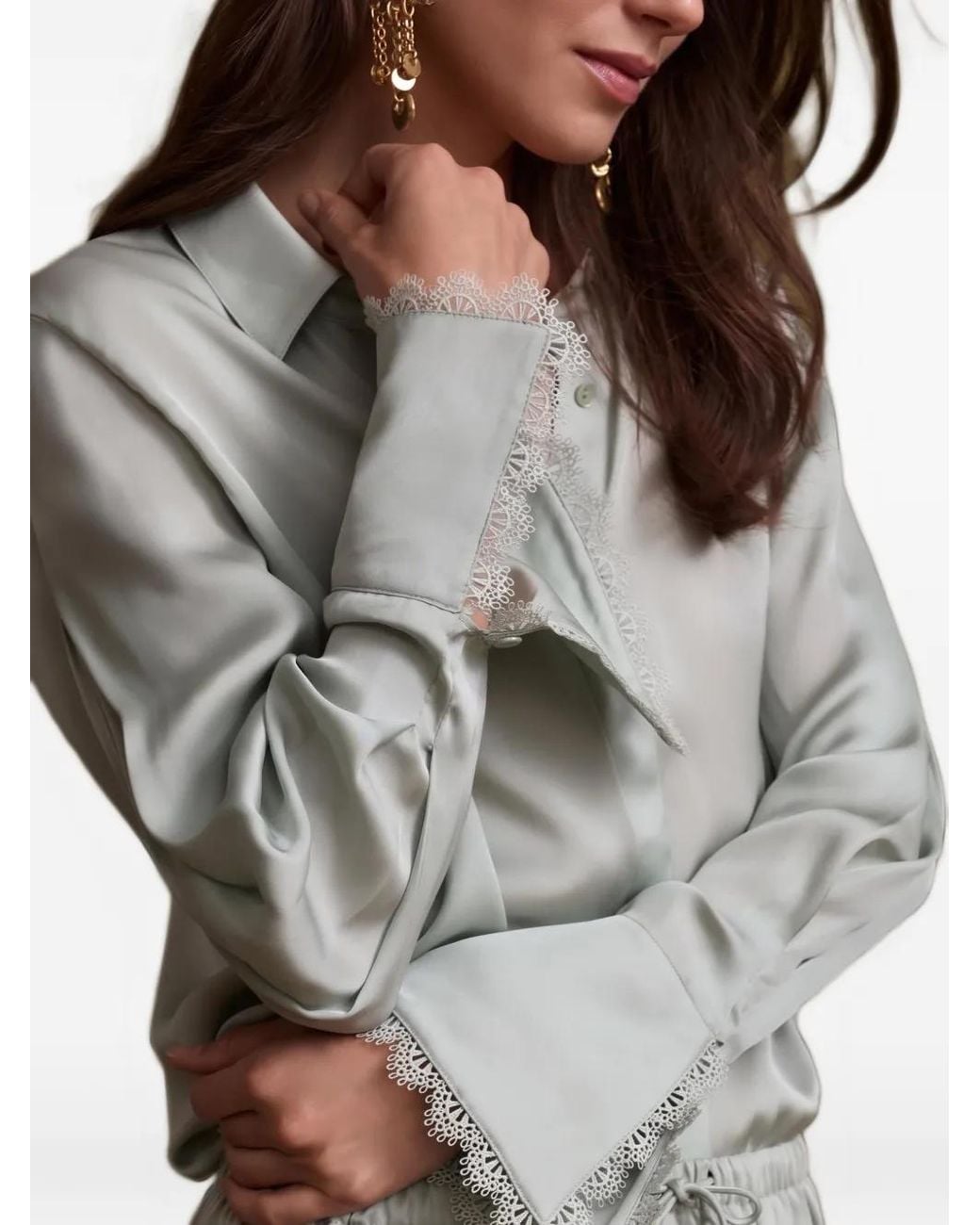 Hevron Green Soraya Lace-Trim Flared-Cuff Shirt