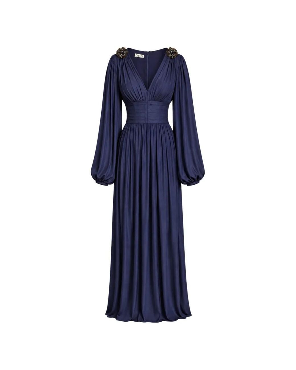 Baruni Blue Layan Beaded-Shoulder Pleated Maxi Dress