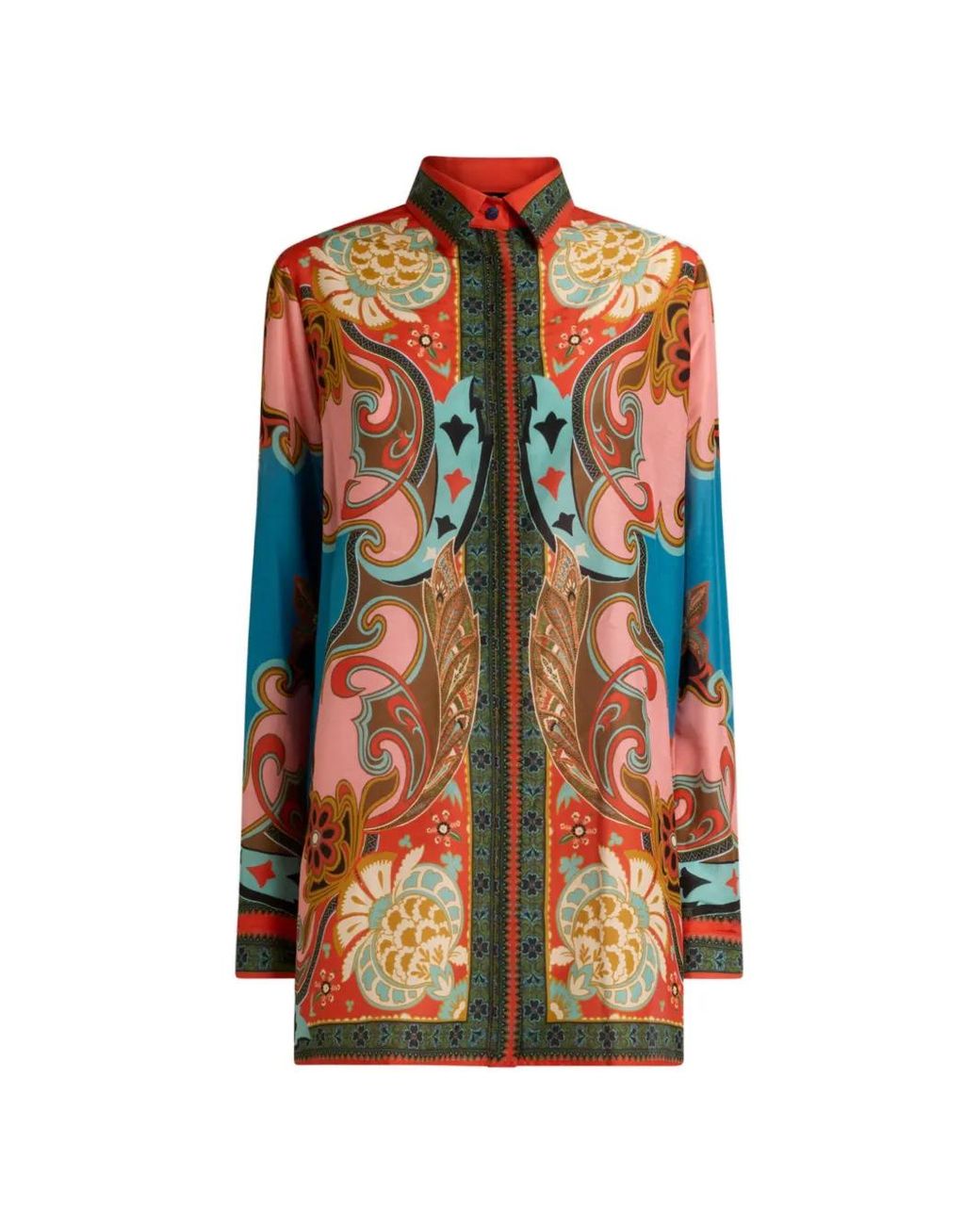 Etro Orange Long Cotton And Silk Shirt With Placed Print