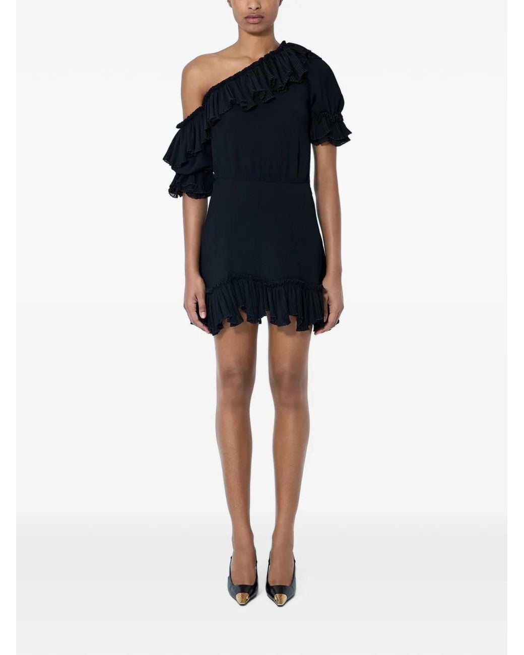 Saint Laurent Blue Ruffled One-Shoulder Mini Dress