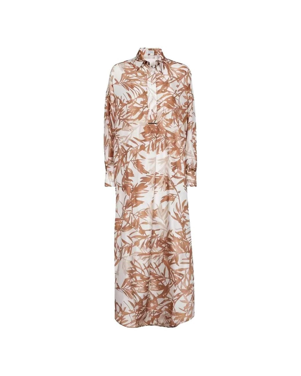 Brunello Cucinelli White Leaf-Print Silk Shirt Maxi Dress