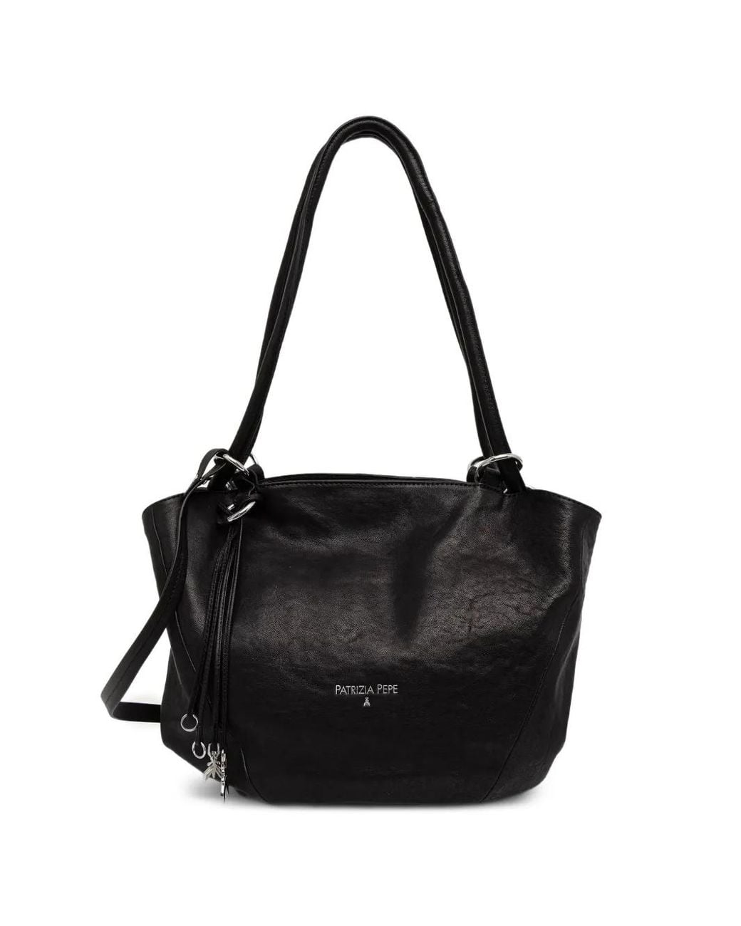 Patrizia Pepe Black Logo-Print Leather Tote Bag