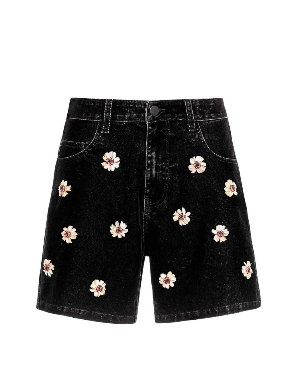 Agua Bendita Black Dahlia Flower-Embellished Denim Shorts