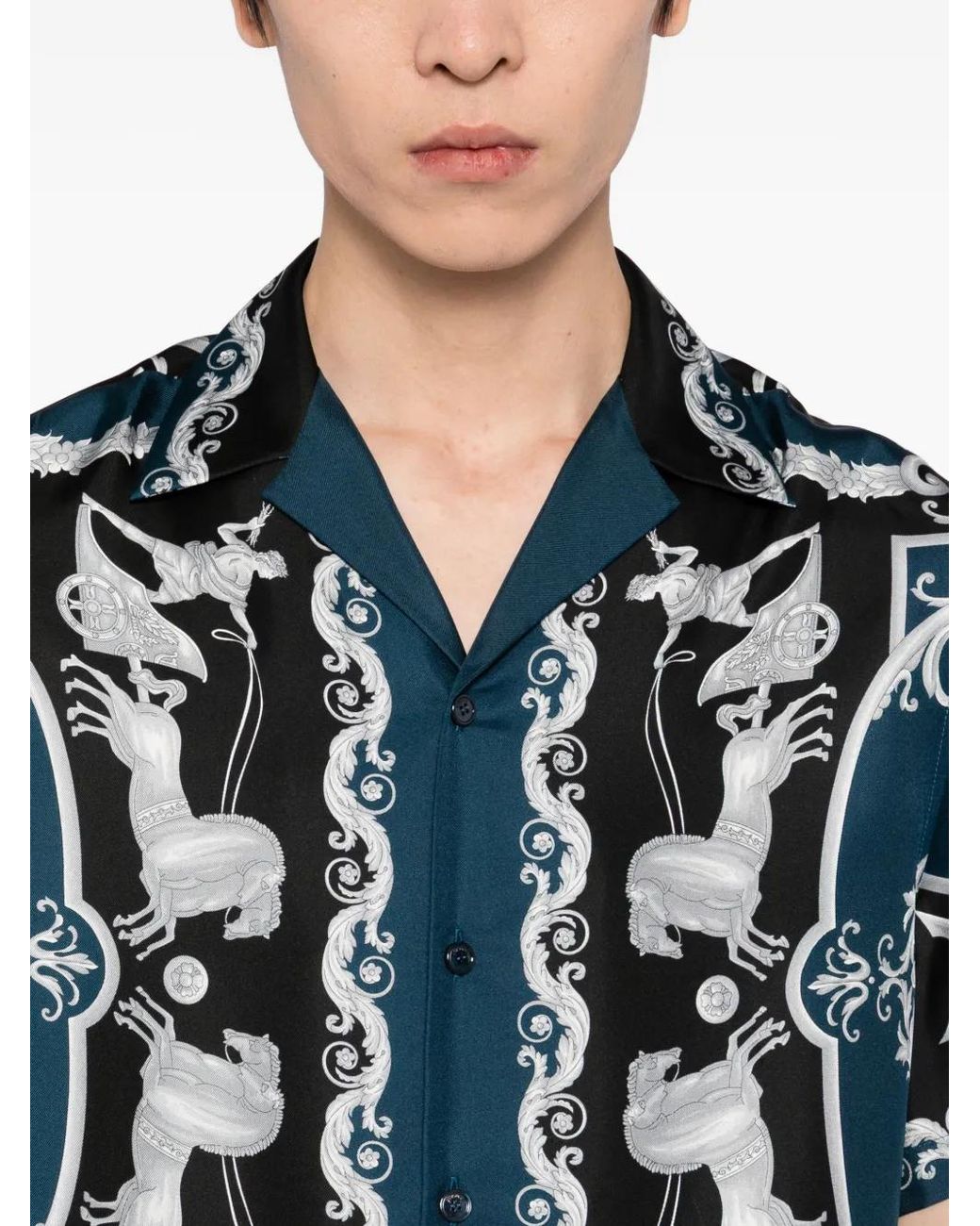 Versace Blue Printed Silk Twill Slim Shirt for men
