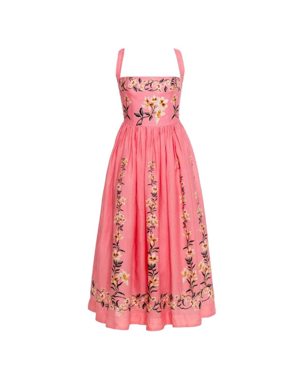 Agua Bendita Pink Mielero Promesa Floral-Embroidered Midi Dress