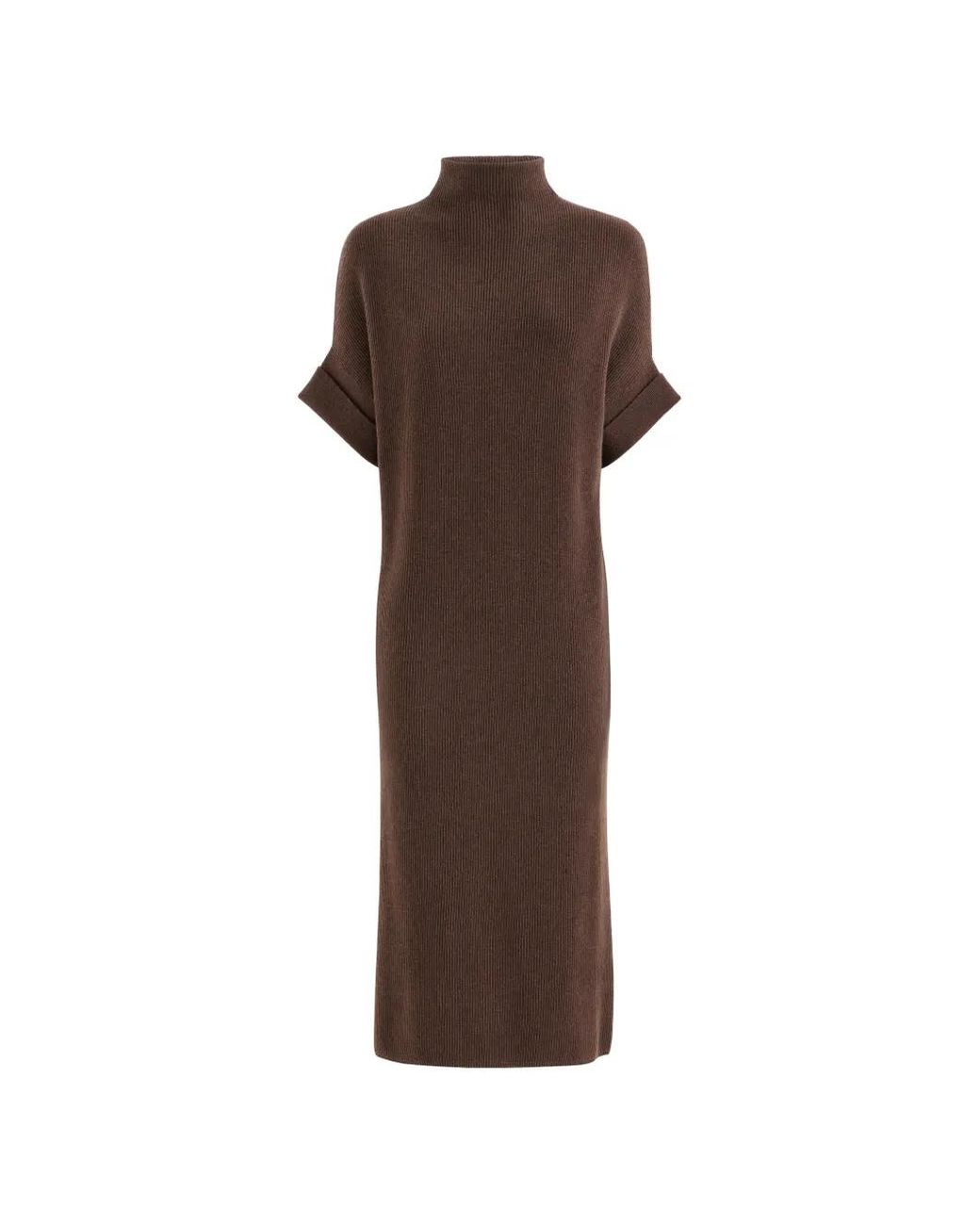 Brunello Cucinelli Brown Cashmere Rib-Knit Mock-Neck Dress