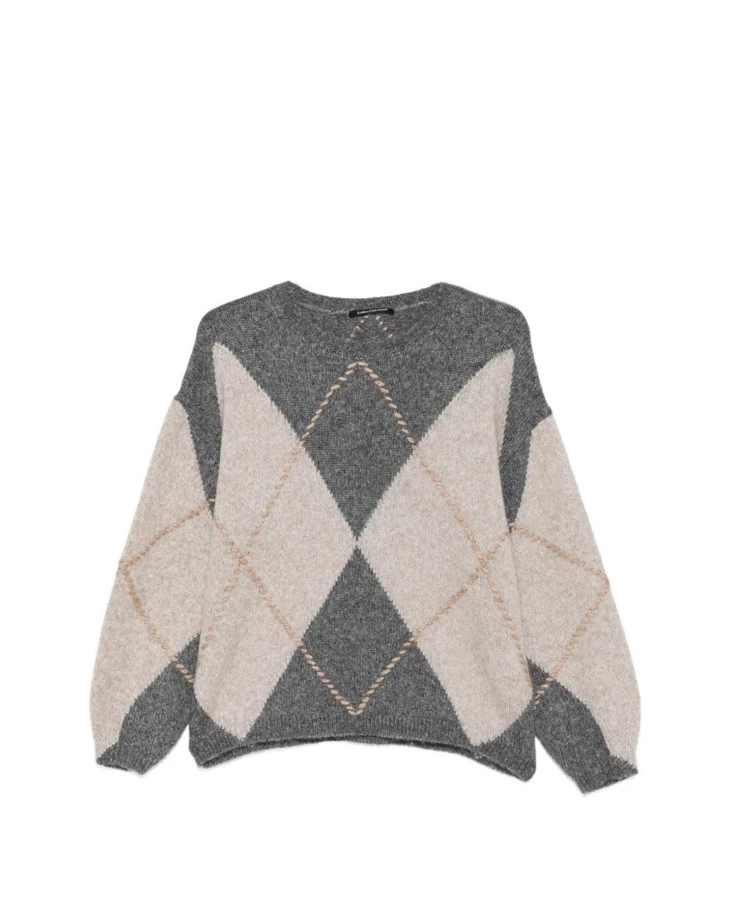Luisa Cerano Gray Argyle-Patterned Whipstitch-Trim Sweater