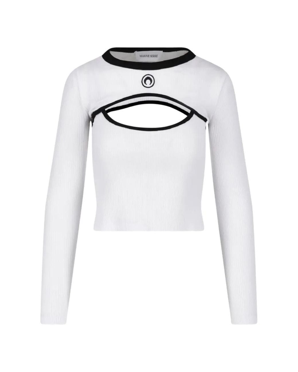 MARINE SERRE White Moon-Logo Bicolor Ribbed Jersey Long-Sleeves Cutout-Shirt