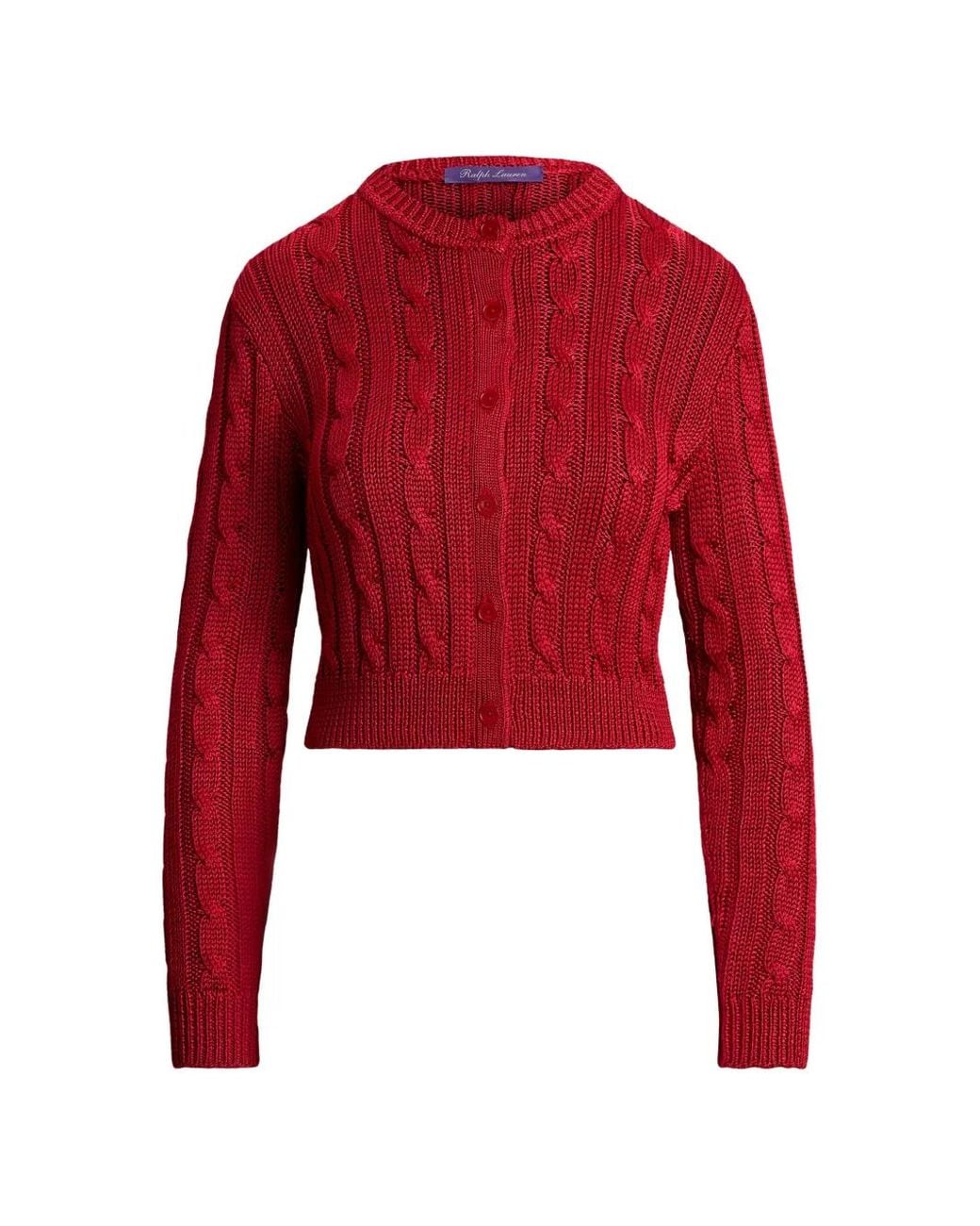 Ralph Lauren Red Cardigan En Maille Torsadée À Coupe Crop