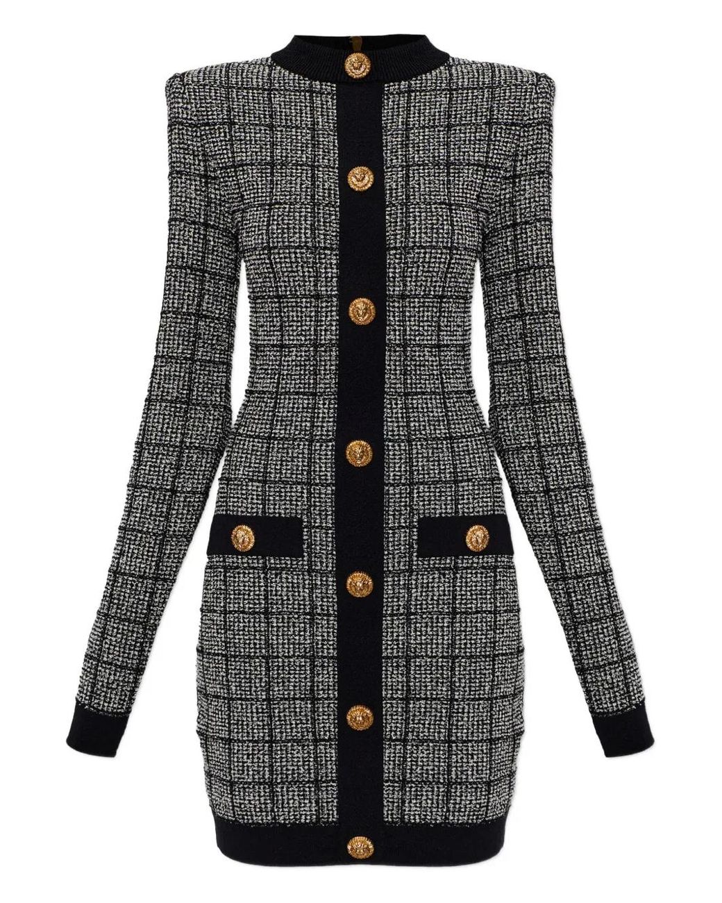 Balmain Black Tweed Long-Sleeve Dress