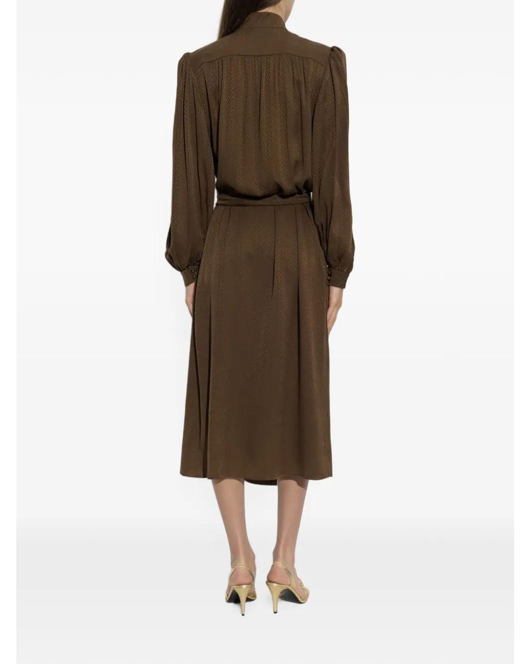 Valentino Garavani Brown Puff-Sleeves Belted Dress