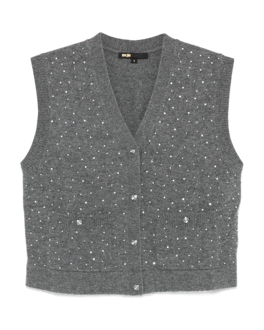 Maje Gray Rhinestone Knit Top