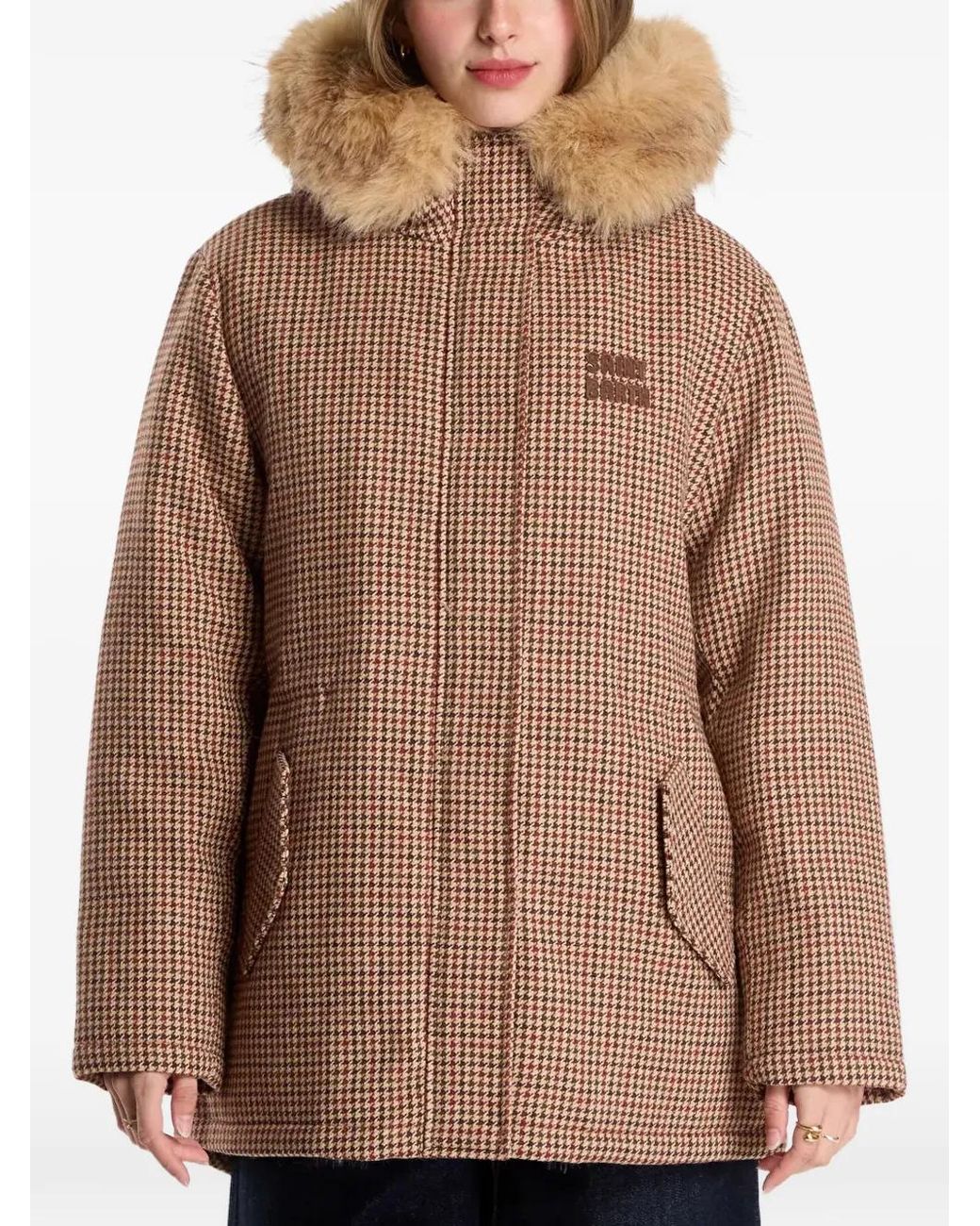 Mc2 Saint Barth Brown Houndstooth-Pattern Hooded Coat