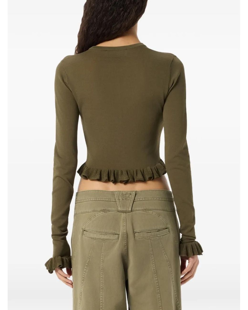 Blumarine Green Ruffled-Sleeve Cardigan