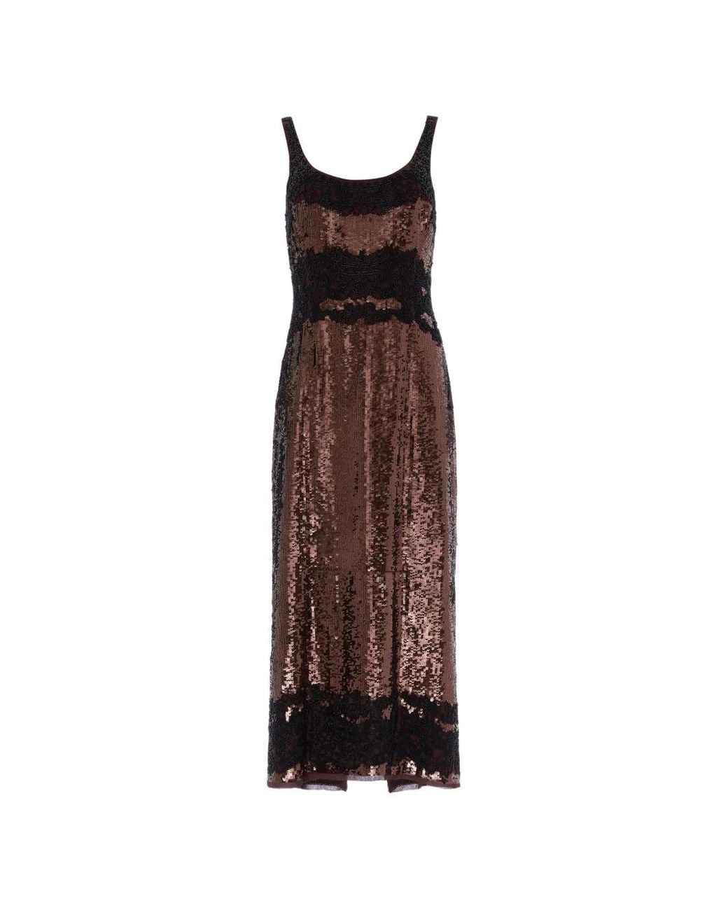 Needle & Thread Brown Sequin-Embellished Lace-Trimmed Maxi Dress