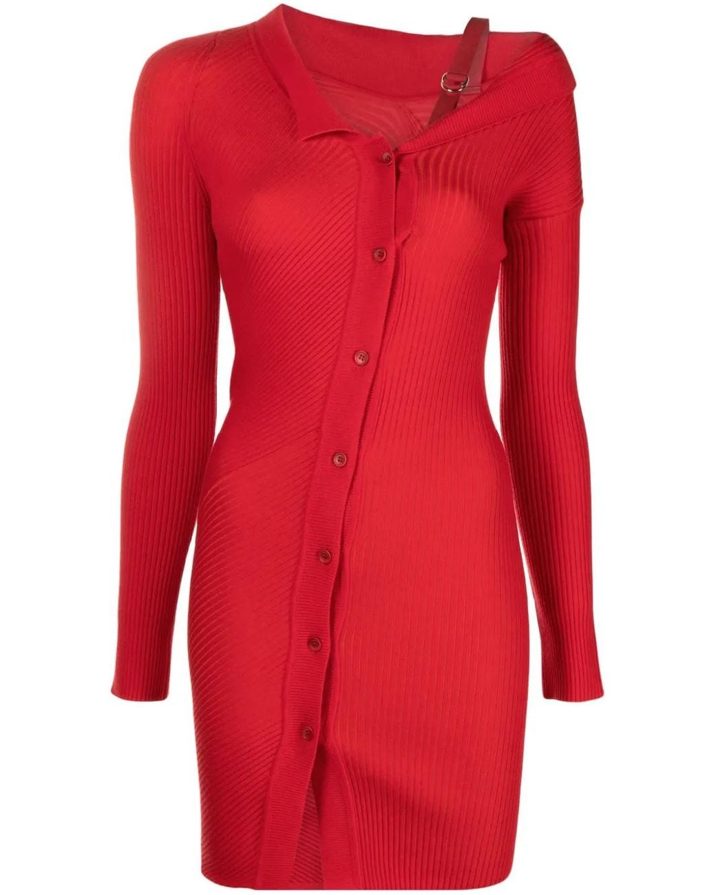 Jacquemus Red Colin Asymmetric Ribbed Wool-blend Mini Dress
