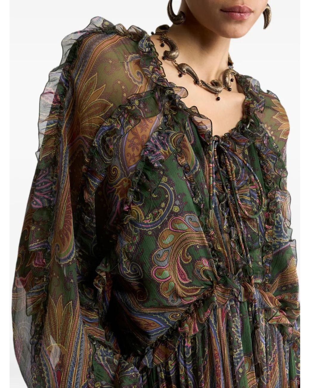 Etro Black Long Silk Dress With Ruffles And Placed Degradé Paisley Print