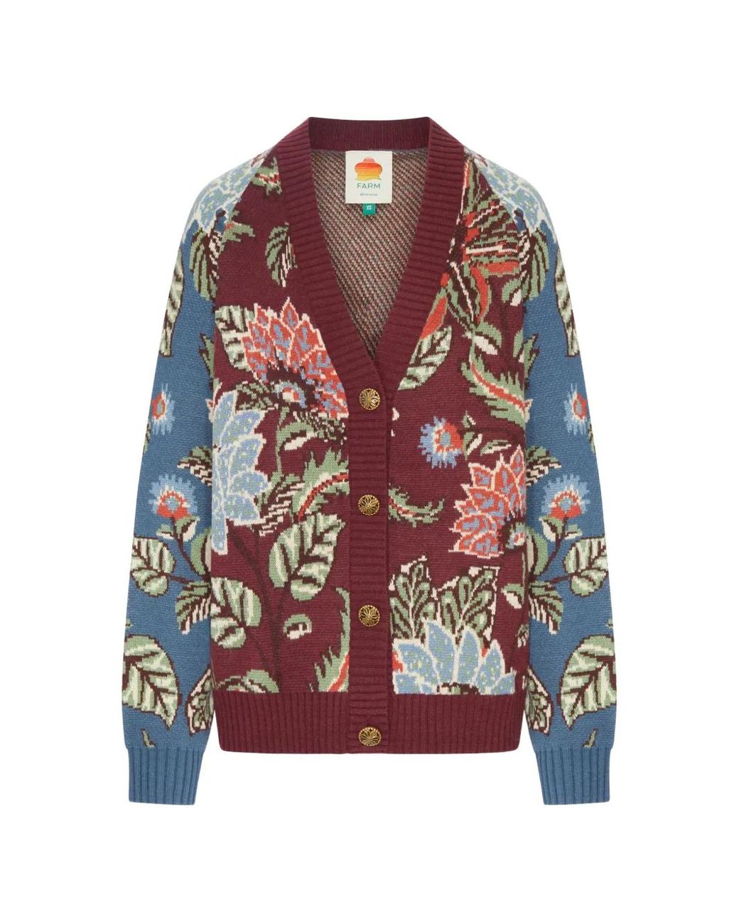 Farm Rio Red Delhi Floral-Intarsia Button-Up Cardigan