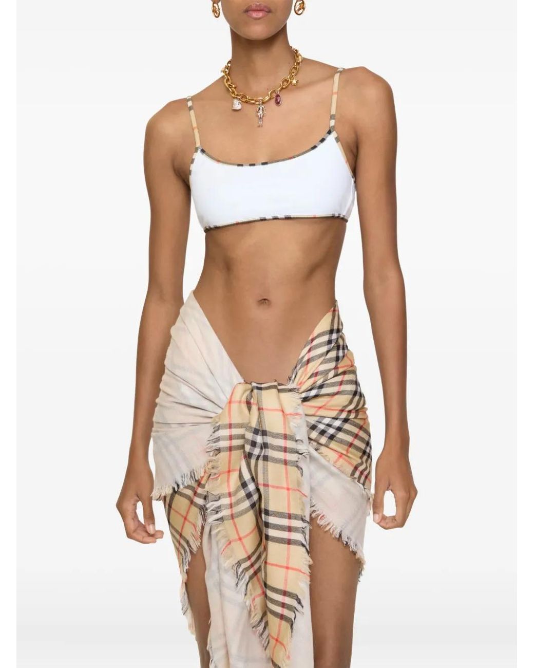 Burberry Natural Checked-Trim Bikini Top
