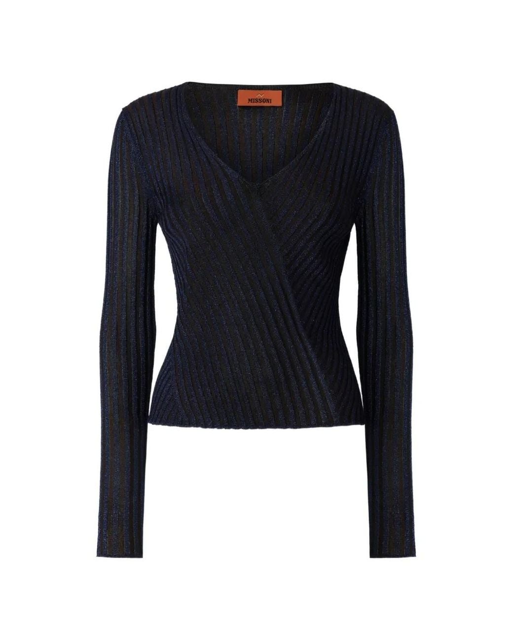 Missoni Blue Ribbed Viscose Lamé V-Neck Sweater