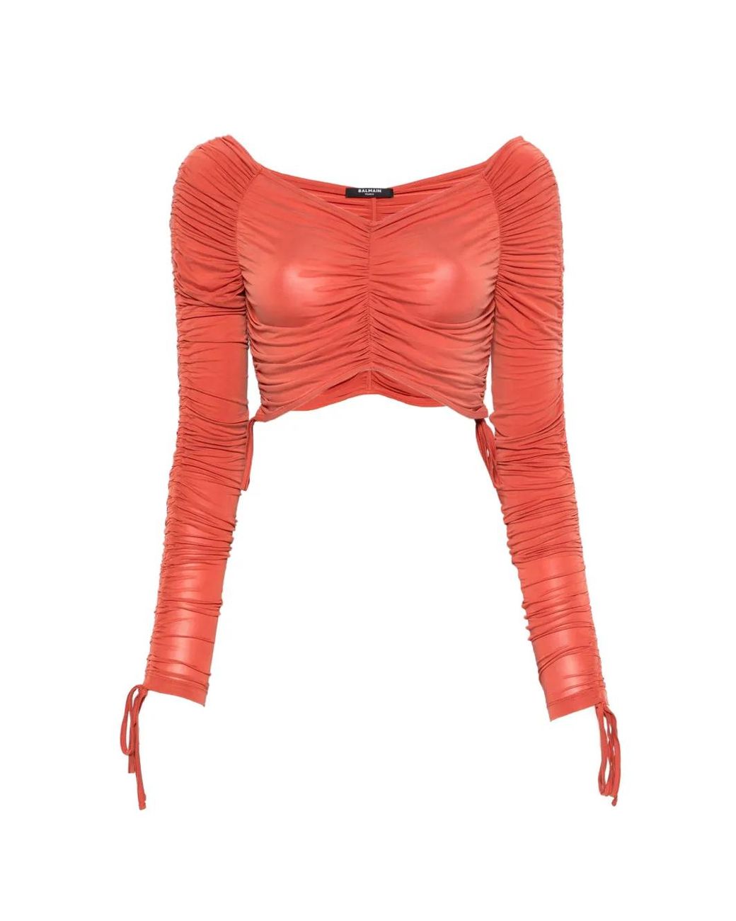 Balmain Red Haut Froncé À Manches Longues