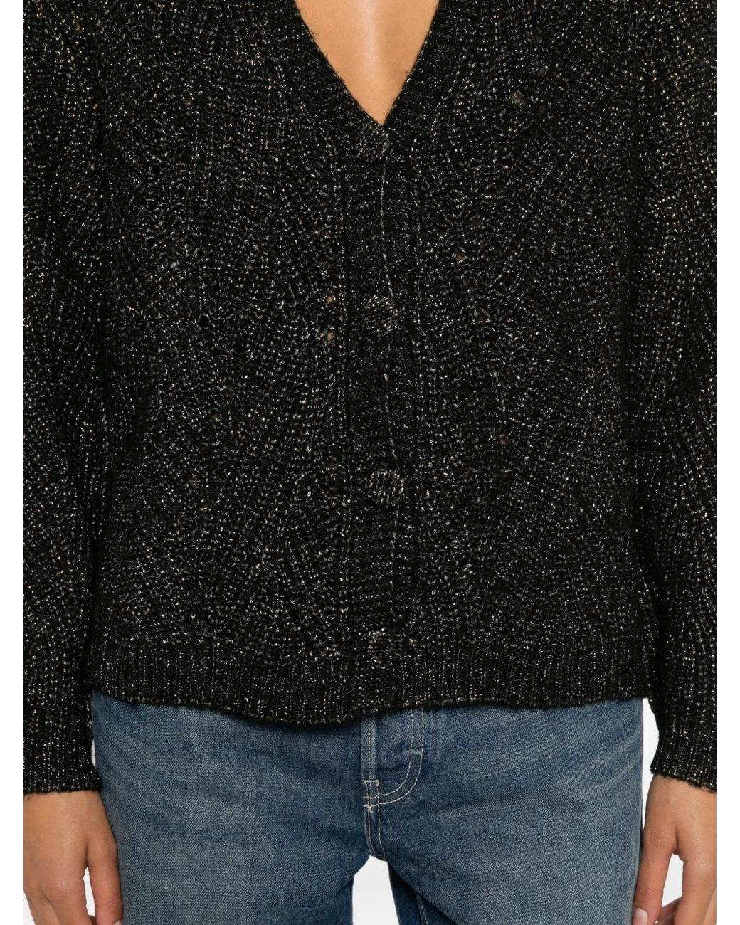 Momoní Black Saiki Metallic-Effect V-Neck Wool Cardigan