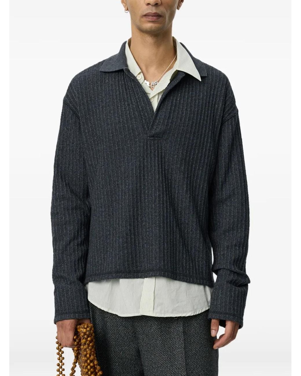 mfpen Black Ribbed-Knit Bouclé Polo Shirt