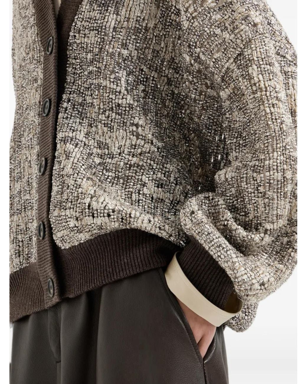 Brunello Cucinelli Brown Dazzling Craquelé Embroidery Cardigan