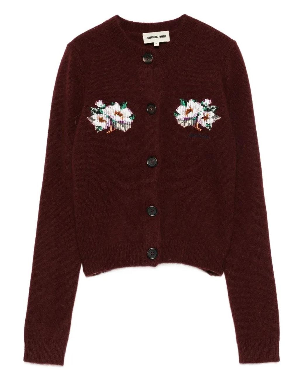 ShuShu/Tong Brown Floral-Appliqué Buttoned Cardigan