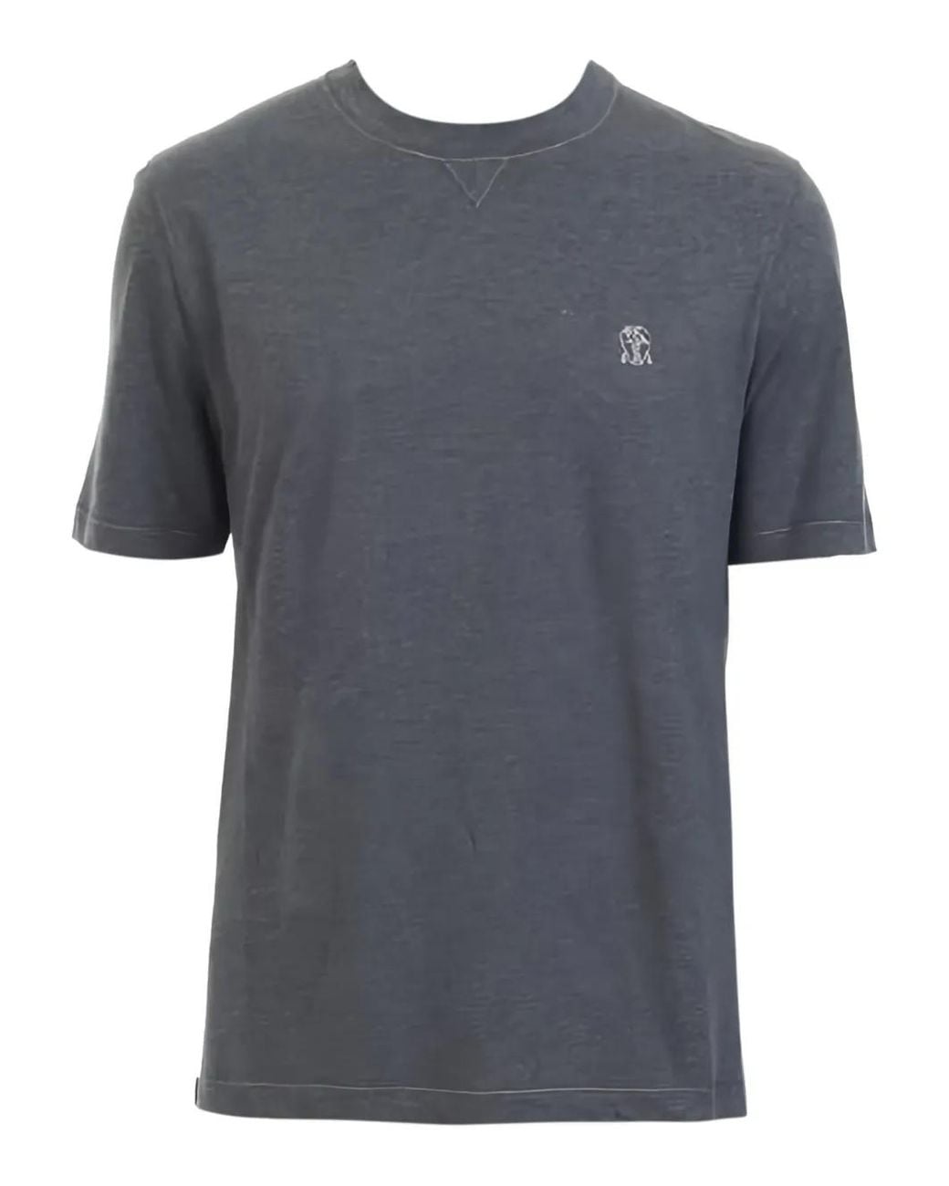 Brunello Cucinelli Gray Melange Cotton T-Shirt Featuring Contrast Stitching And An Embroidered Chest Logo for men