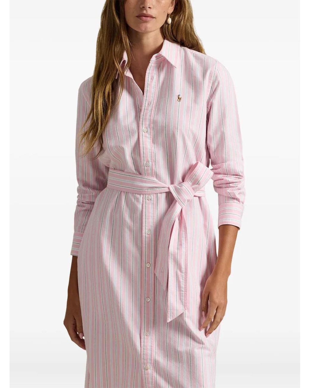 Polo Ralph Lauren Pink Striped Cotton Oxford Belted Shirtdress