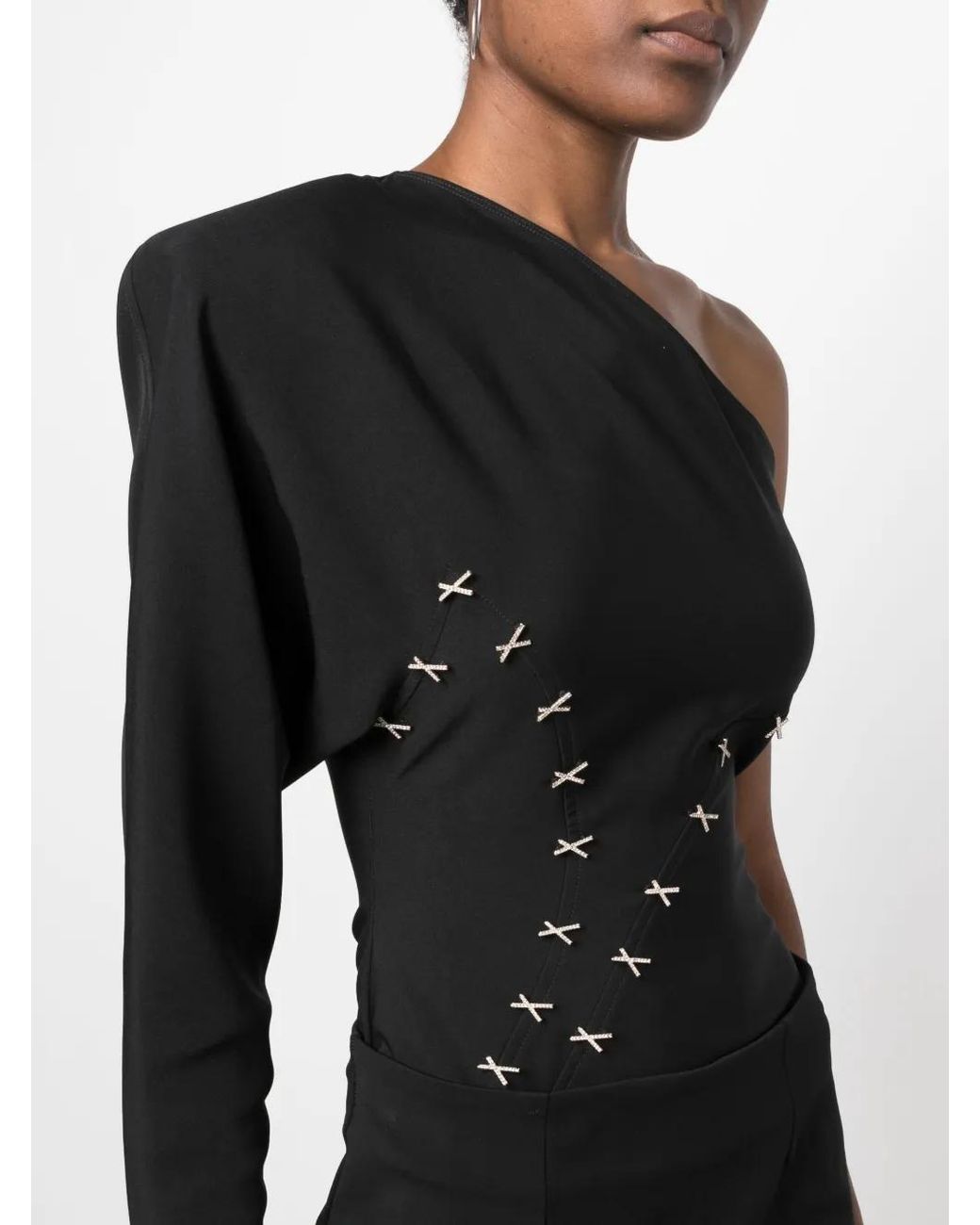 Genny Black Appliqué-Detailing One-Shoulder Bodysuit