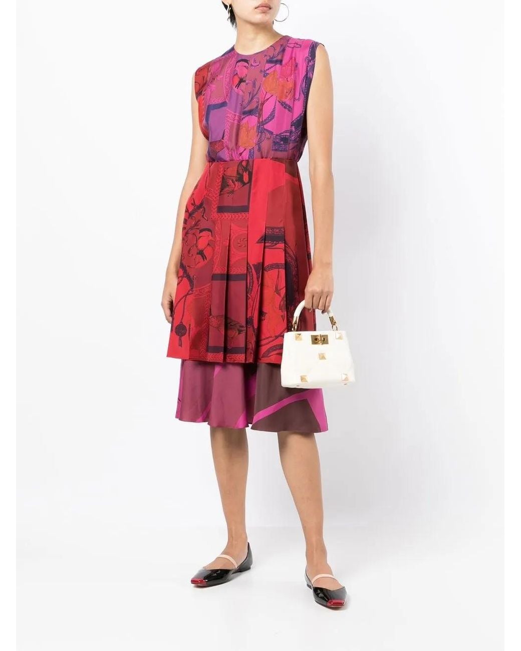 Ferragamo Red Patterned Silk Midi Dress