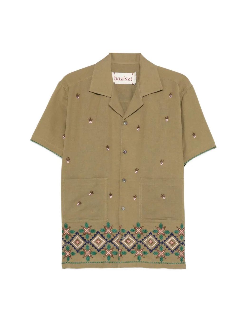 BAZISZT Green Hem-Embroidered Shirt for men