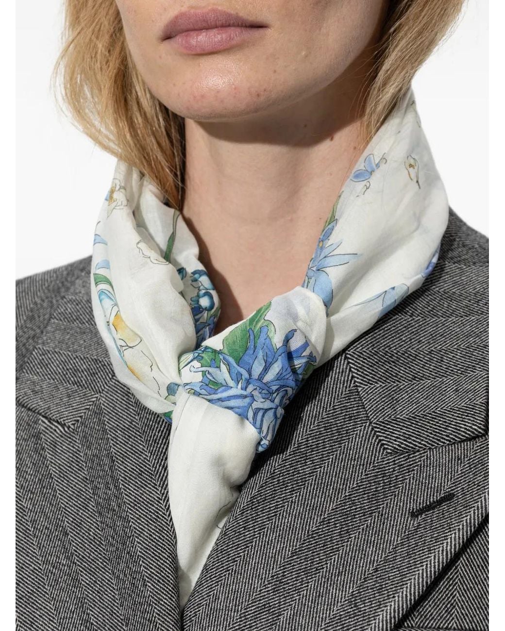 Ferragamo Blue Floral-Print Fringed Scarf