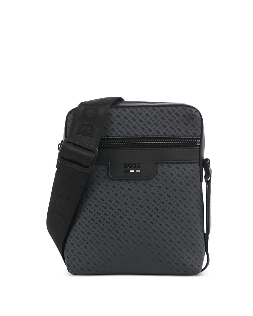 Boss Black Monogram-Pattern Zip-Fastening Messenger Bag for men