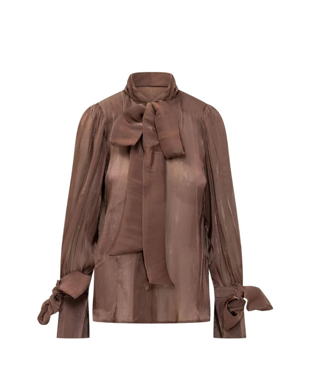 ACTUALEE Brown Pussy-Bow Semi-Sheer Blouse
