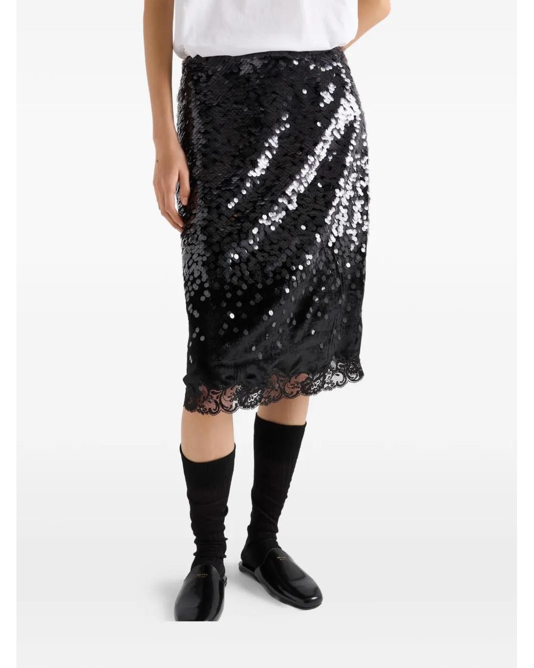 Prada Black Embroidered Velvet Midi-Skirt